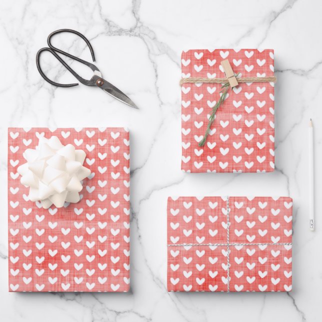 White Hearts on Bright Red Linen Wrapping Paper Sheet (Front)