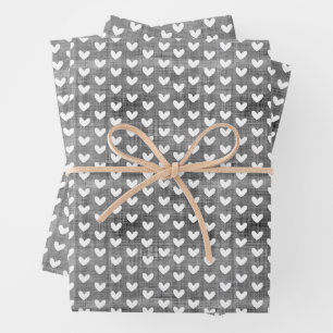 White Hearts on Dark Grey Linen Wrapping Paper Sheet