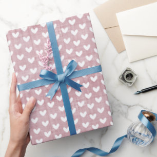 White Hearts on Dark Pink Linen Wrapping Paper