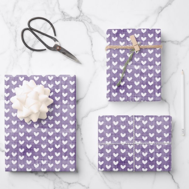 White Hearts on Dark Purple Linen Wrapping Paper Sheet (Front)