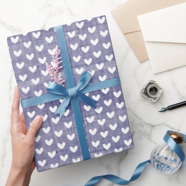 White Hearts on Navy Blue Linen Wrapping Paper (Gifting)