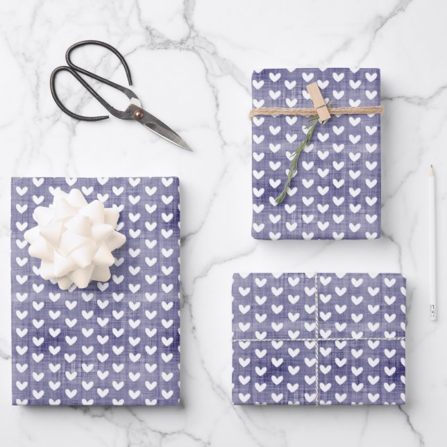 White Hearts on Navy Blue Linen Wrapping Paper Sheet (Front)