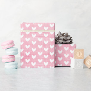 White Hearts on Pink Linen Wrapping Paper