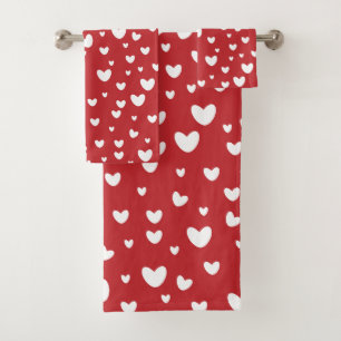 White Hearts On Red Background Valentine's Day Bath Towel Set