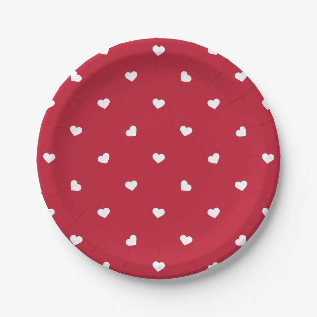 White Hearts On Red Paper Plate (Front)
