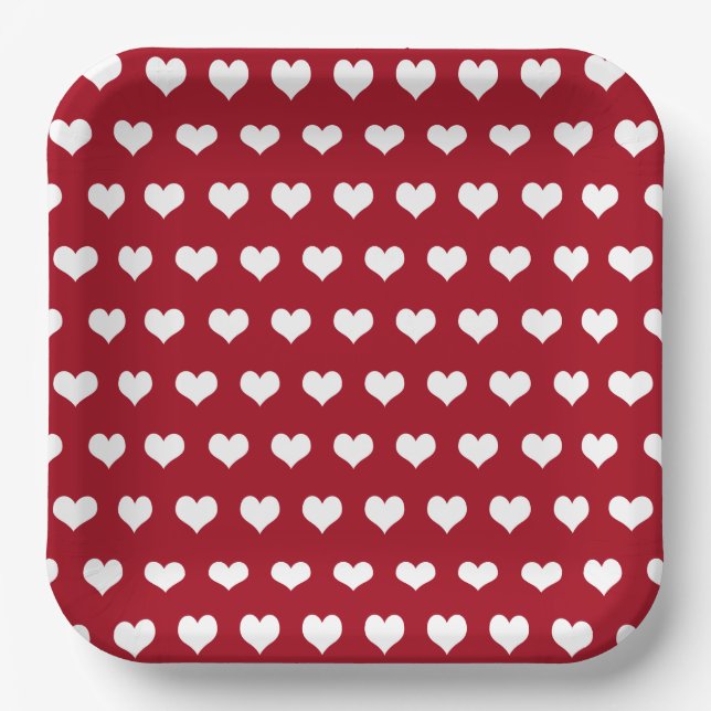 White Hearts On Red Paper Plate (Front)