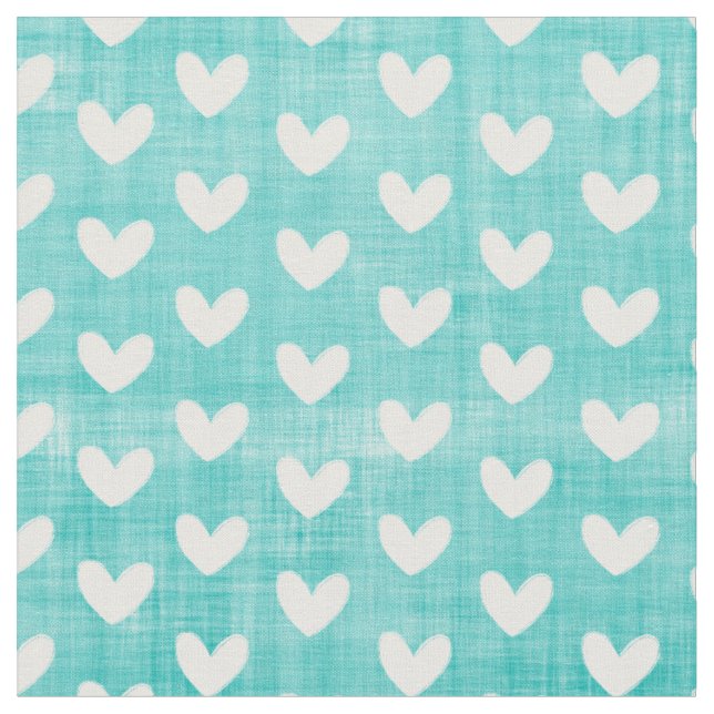 White Hearts on Teal Fabric (Close Up)