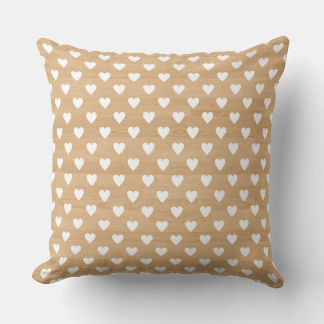 White Hearts Patter on Faux Wood Background Cushion (Front)