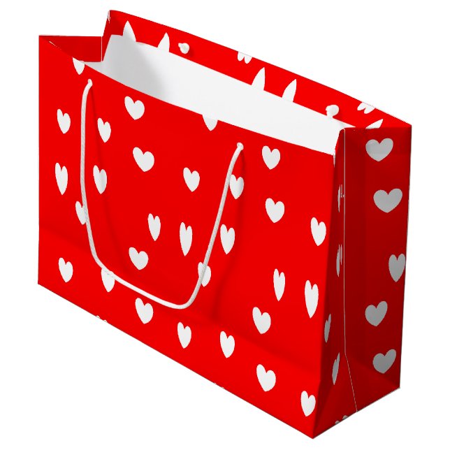 White hearts pattern on red large gift bag (Front Angled)