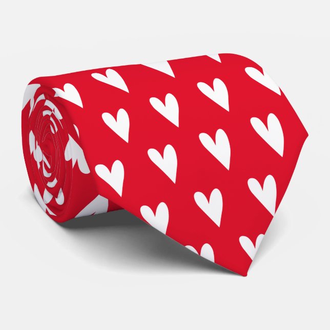 White Hearts Pattern | Romantic Red Tie (Rolled)