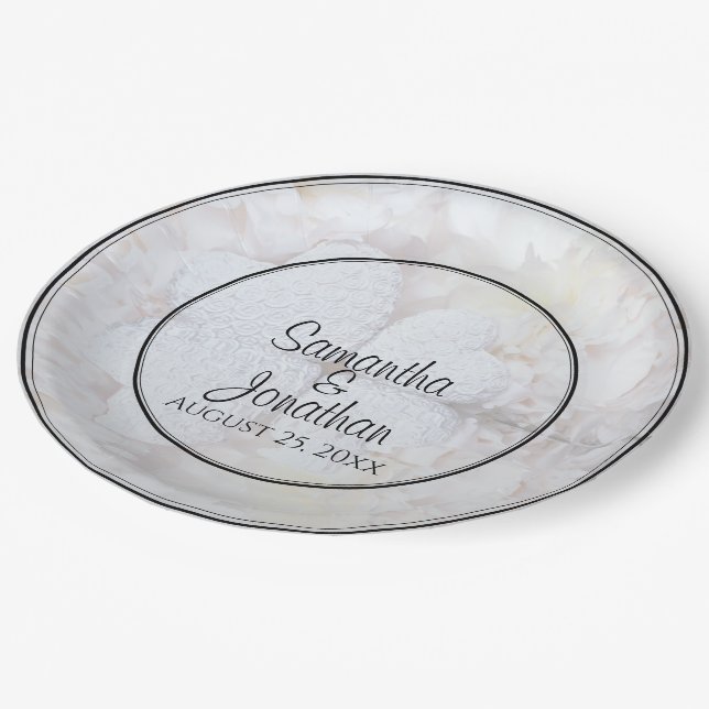 White Hearts & Peony Flowers Reflections Wedding Paper Plate (Angled)