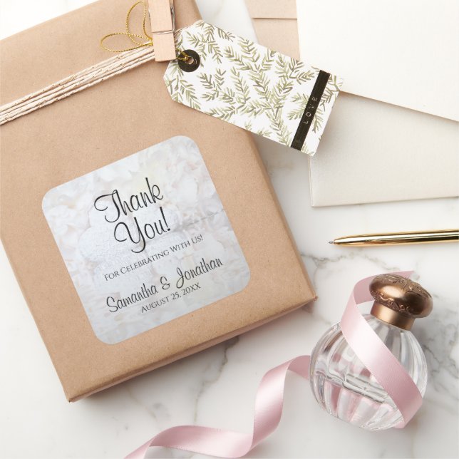 White Hearts & Peony Reflections Wedding Thank You Square Sticker (Gifting)