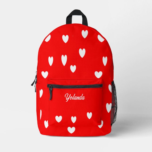 White hearts personalised red printed backpack (Front)