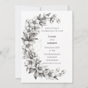 White Hellebore Lunaria Line Art Wedding Invitation