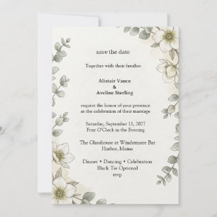 White Hellebores, Eucalyptus Foliage, Botanical Li Invitation