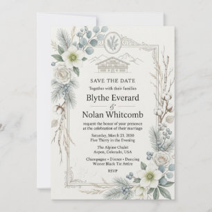 White Hellebores, Roses, Pine Needles, Berries, Co Invitation