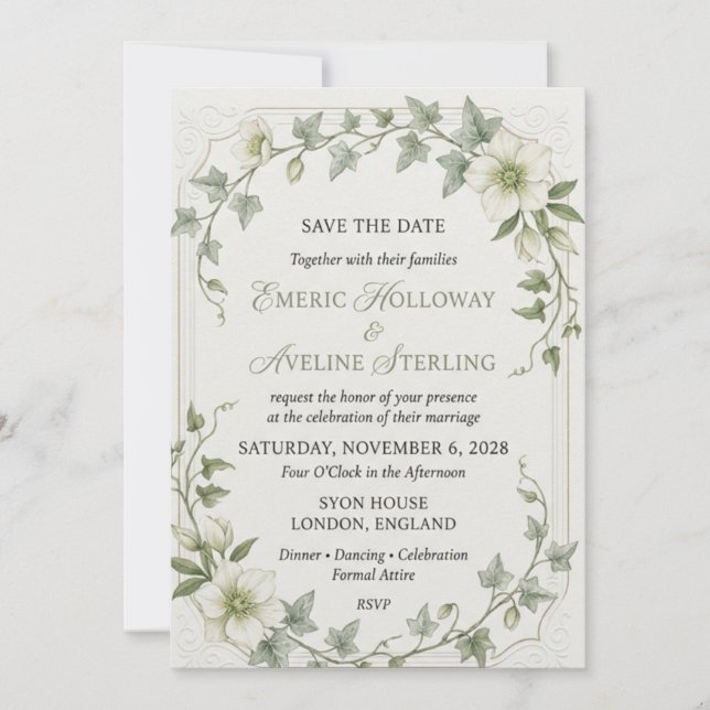 White Hellebores, Trailing Ivy Leaves, Embossed Co Invitation (Front)
