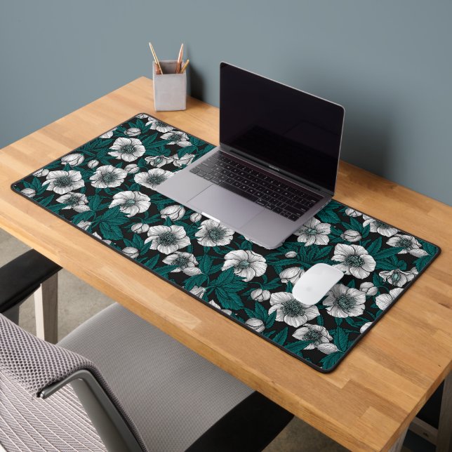 White Hellebores with blue leaves Desk Mat (Office 2)
