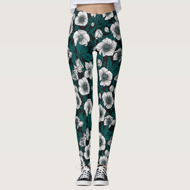 White Hellebores with blue leaves Leggings (Front)
