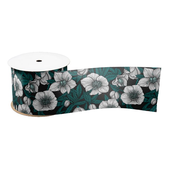 White Hellebores with blue leaves Satin Ribbon (Spool)