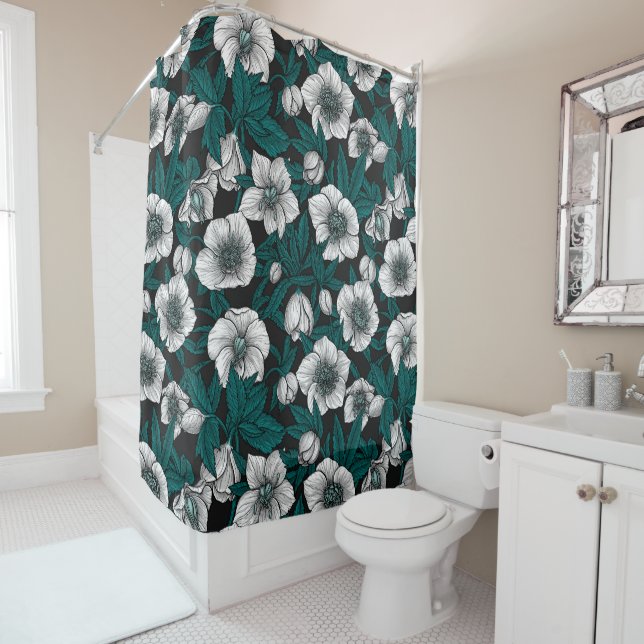 White Hellebores with blue leaves Shower Curtain (In Situ)