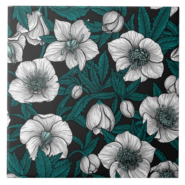 White Hellebores with blue leaves Tile (Front)