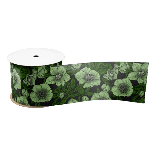 White Hellebores with leaves Satin Ribbon (Spool)