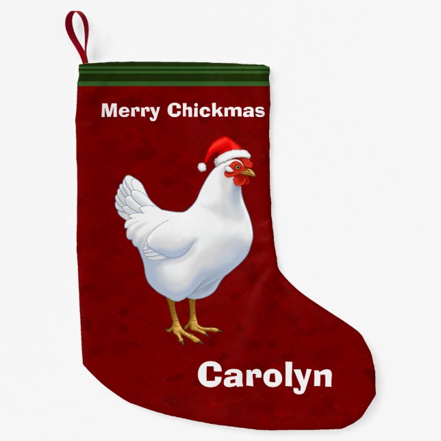 White Hen in Santa Hat Merry Chickmas Small Christmas Stocking (Front)