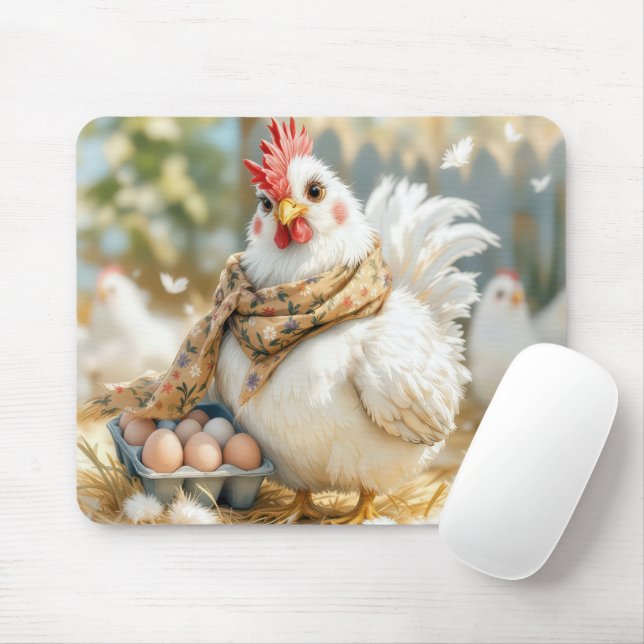 White Hen With Eggs In a Carton Mouse Mat (With Mouse)