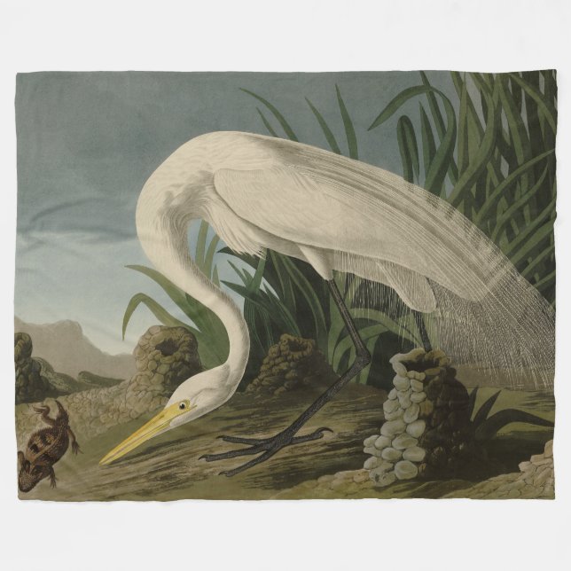 White Heron, Great Egret, Audubon Birds of America Fleece Blanket (Front (Horizontal))