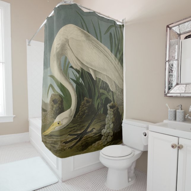 White Heron, Great Egret, Audubon Birds of America Shower Curtain (In Situ)