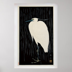 White Heron in Rain by Ide Gakusui Vintage Poster