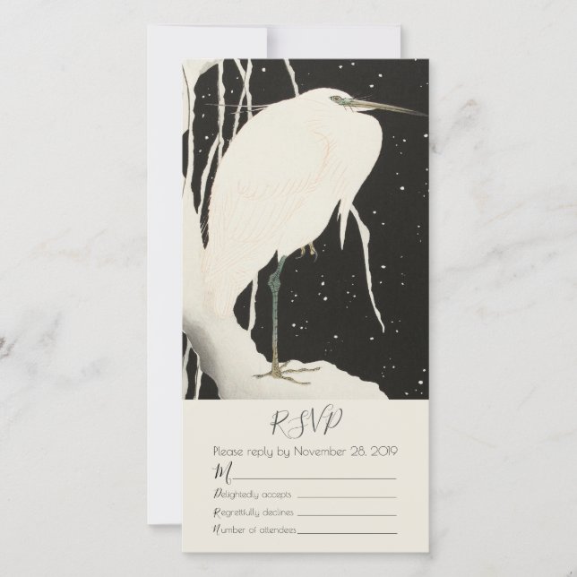White Heron In Snow Winter Wedding Theme RSVP Card (Front)