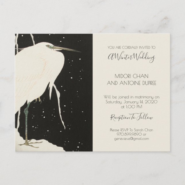 White Heron In Winter Snow Wedding Invitation Postcard (Front)