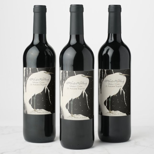 White Heron Winter Wedding Celebration Reception Wine Label (Bottles)