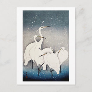 White Herons in the Snow, Ohara Koson, Woodcut Postcard