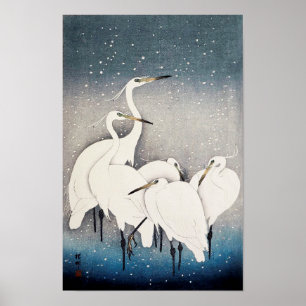 White Herons in the Snow, Ohara Koson, Woodcut Poster
