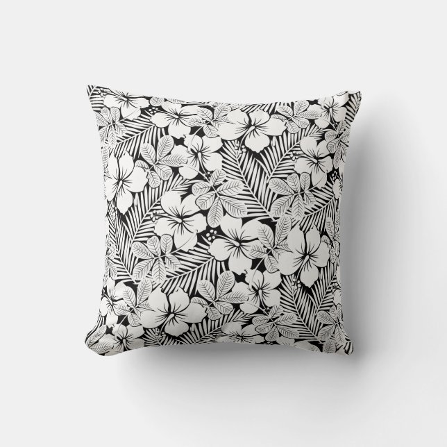 White hibiscus and palm leaves cushion (Front)