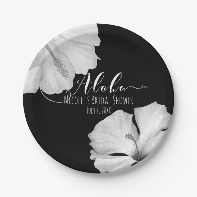 White Hibiscus Black Tropical Wedding Aloha Paper Plate (Front)