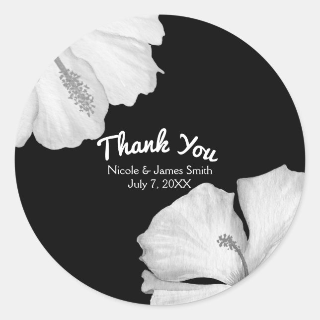 White Hibiscus Black Tropical Wedding Favour Classic Round Sticker (Front)