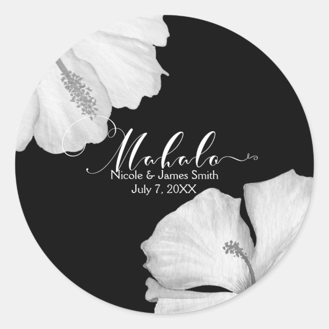White Hibiscus Black Tropical Wedding Favour Mahal Classic Round Sticker (Front)