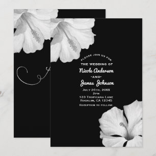 White Hibiscus Black Tropical Wedding Invitations