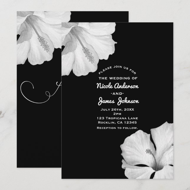 White Hibiscus Black Tropical Wedding Invitations (Front/Back)