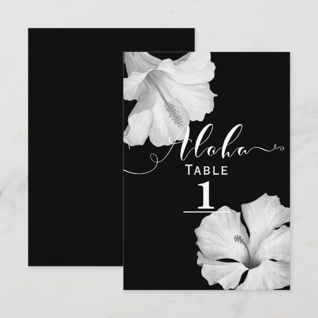 White Hibiscus Black Tropical Wedding Table Number (Front/Back)