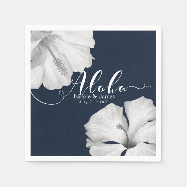 White Hibiscus Blue Tropical Wedding Aloha Napkin (Front)