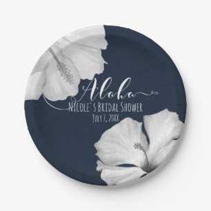 White Hibiscus Blue Tropical Wedding Aloha Paper Plate