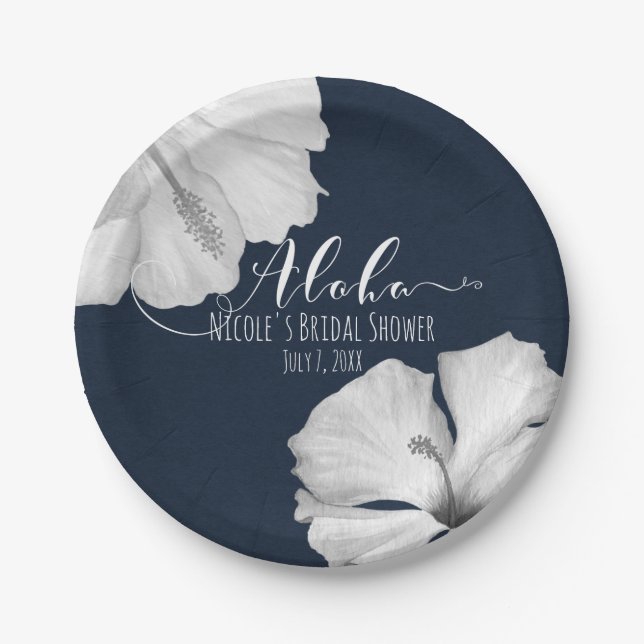 White Hibiscus Blue Tropical Wedding Aloha Paper Plate (Front)
