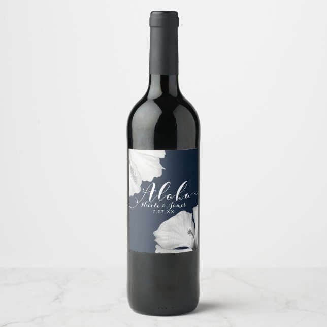 White Hibiscus Blue Tropical Wedding Aloha Wine Wine Label (Front)