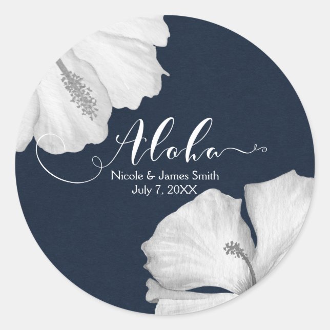 White Hibiscus Blue Tropical Wedding Favour Aloha Classic Round Sticker (Front)