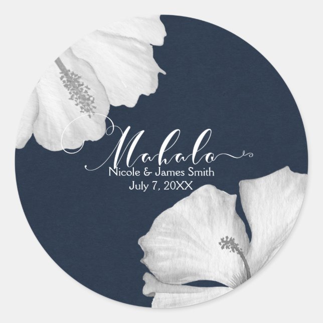 White Hibiscus Blue Tropical Wedding Favour Mahalo Classic Round Sticker (Front)
